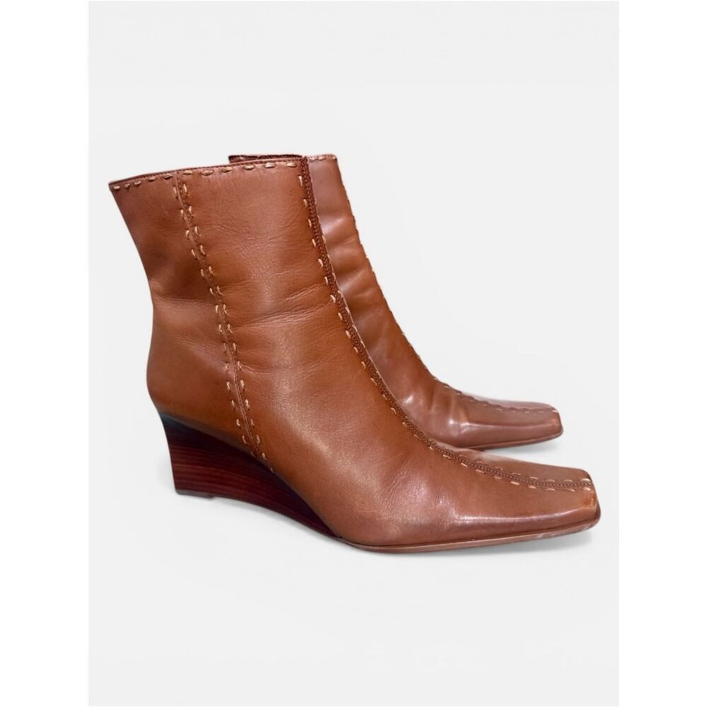 Diba Leather Wedge Ankle Boots Size 9 Cognac Brown Square Toe Comfort Heel - Picture 2 of 8